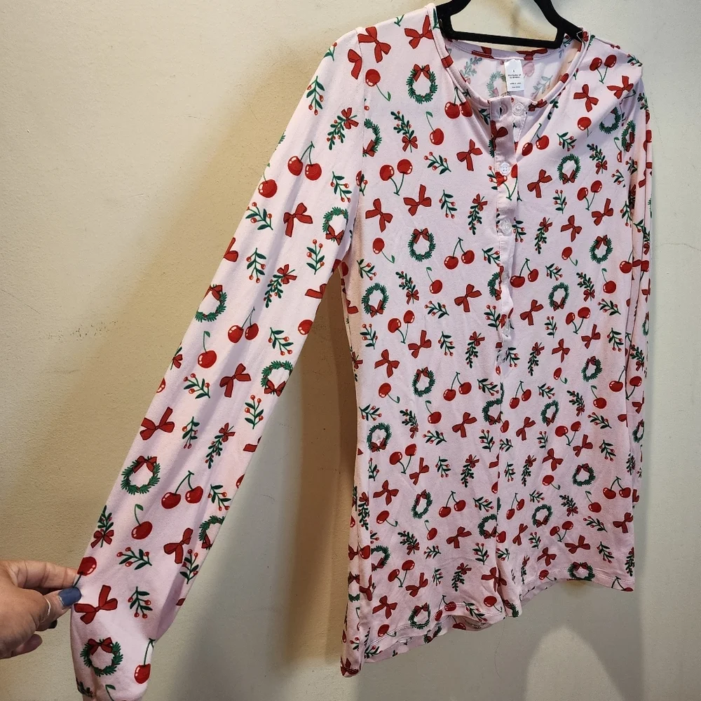 Holliday Short One Piece Onessie Festive Pink Holiday Pajama Size  L